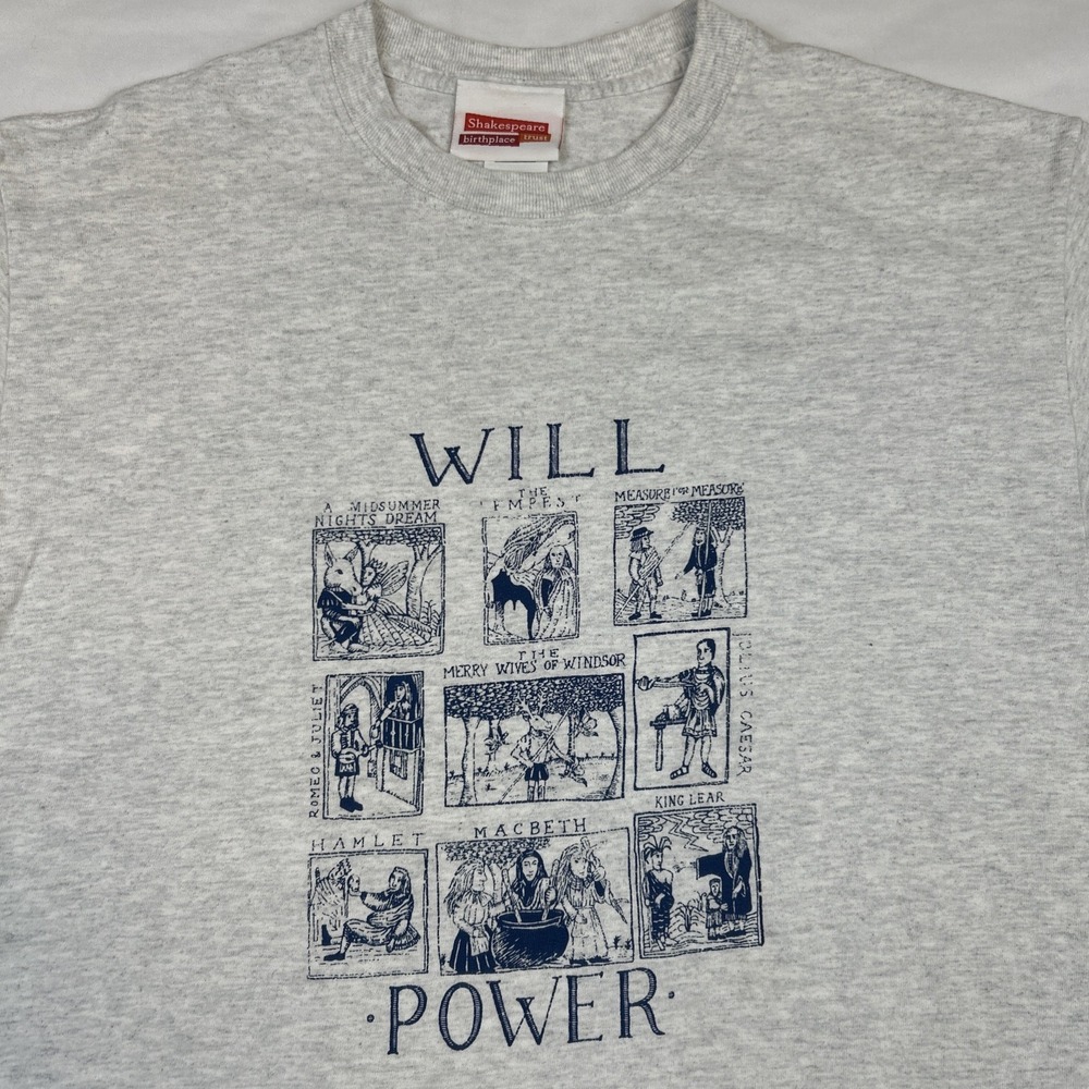Vintage Official William Shakespeare Birthplace Trust Will Power Shirt Sz M Gray